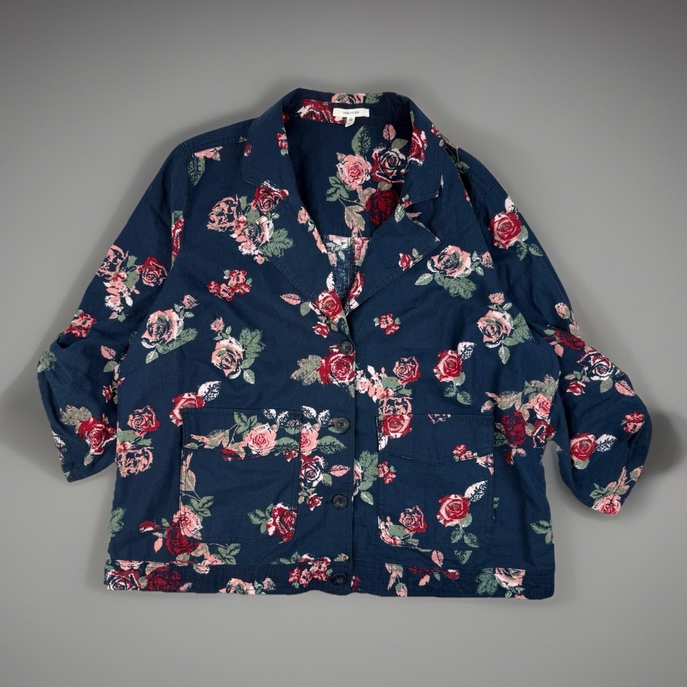 Maurices Linen Blend Floral Jacket Navy Rose Cottagecore Size 0